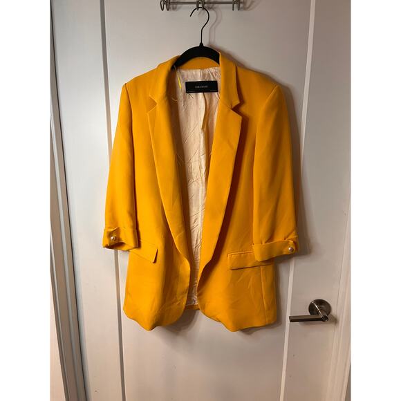 Zara Basic Yellow Oversized Open Front Career Wear Pearl Details Blazer Size S - Picture 2 of 9